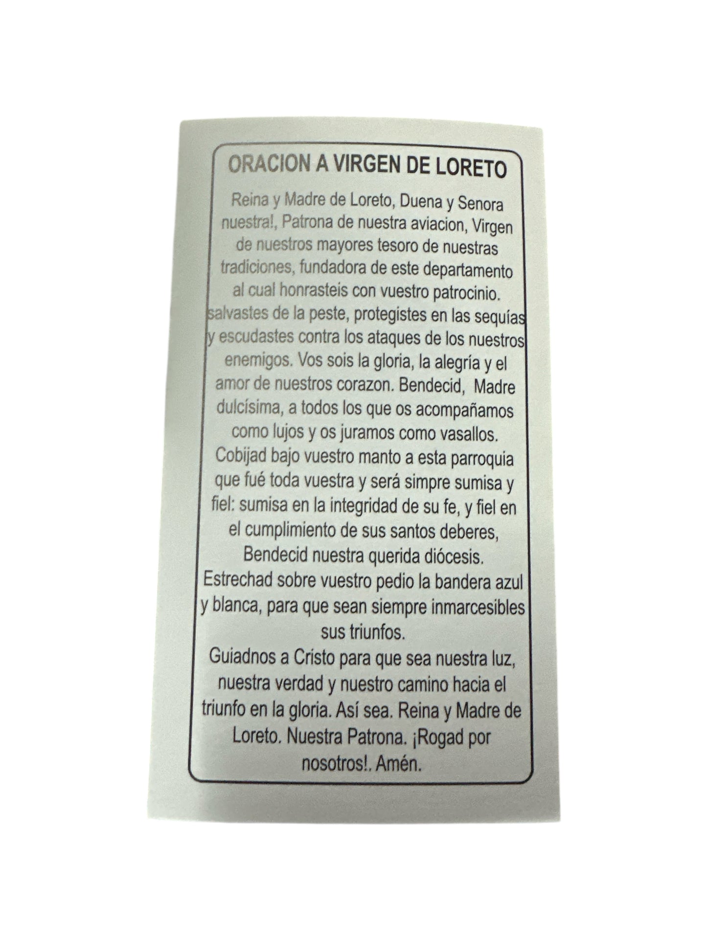 Prayer Card Virgen de Loreto 4"x 2"