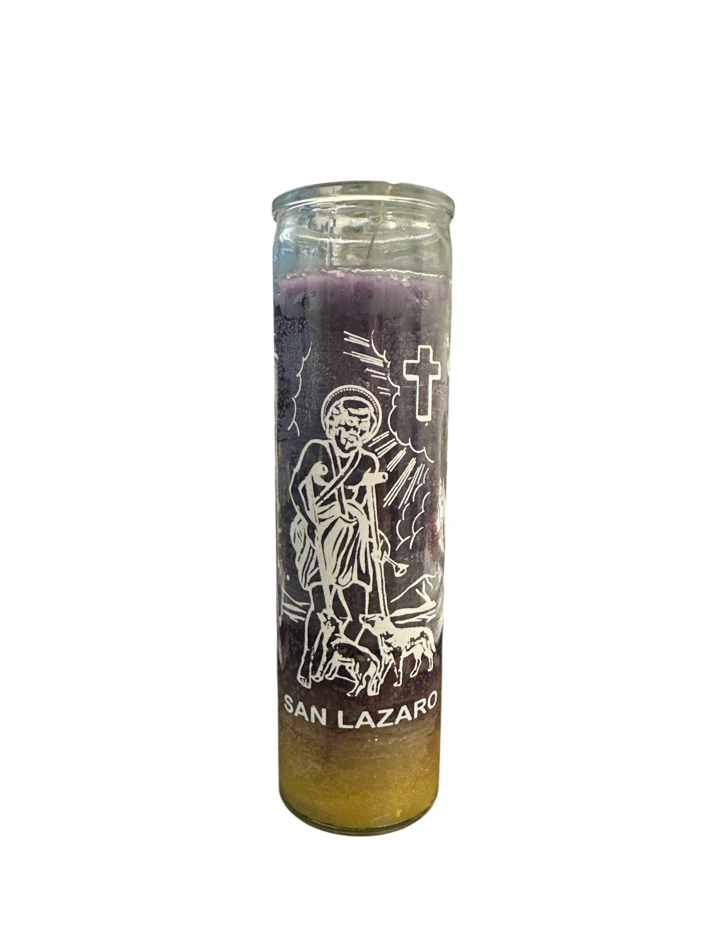 8" Saint Lazarus candle two colors purple and yellow