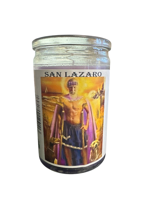 Vela morada con  imagen de San Lazaro  3.5"