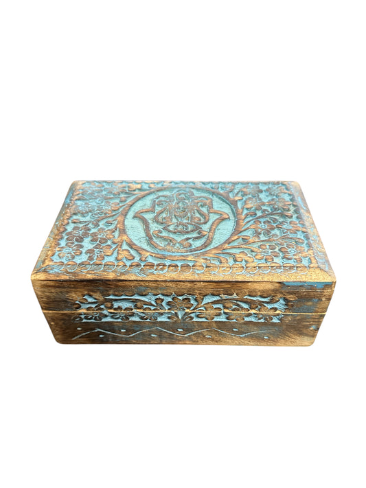 Hand of Fatima Engraved Wooden Tarot Box for Cards Crystal Holder 5"x 8"