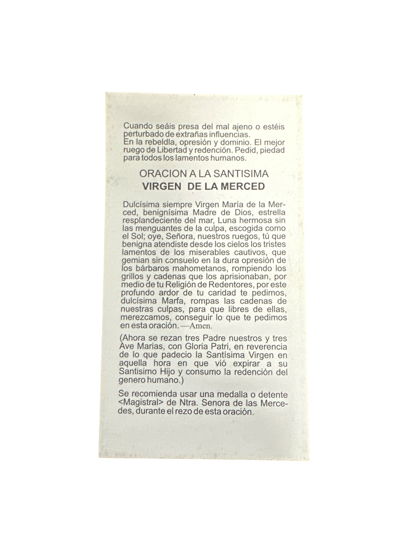 Prayer Card Our Lady of Mercy 4"x 2"