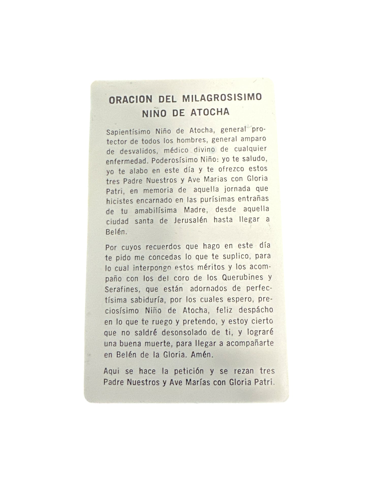 Prayer Card Miraculous Child of Atocha 4"x 2"