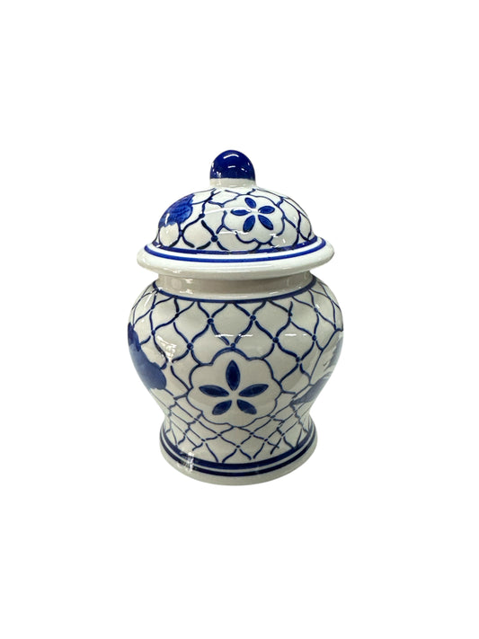 Small White/ Blue Potiche Ibeyi 6.5”x 7”x 3”