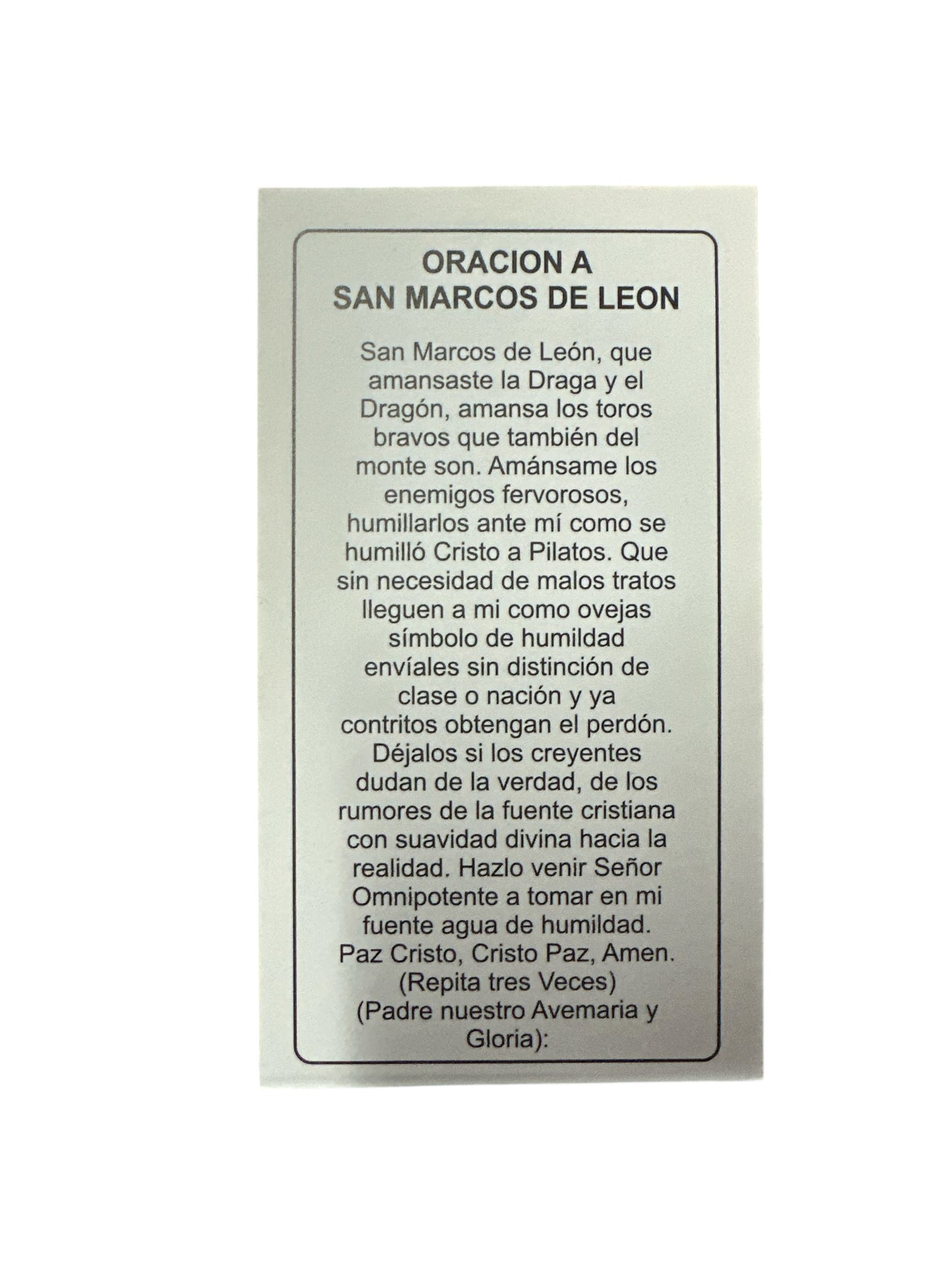 Prayer Card San Marcos de León 4"x 2"