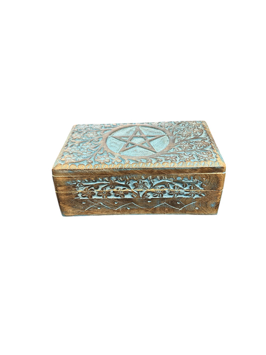 Pentagram Engraved Wooden Tarot Box for Cards Crystal Holder 5"x 8"